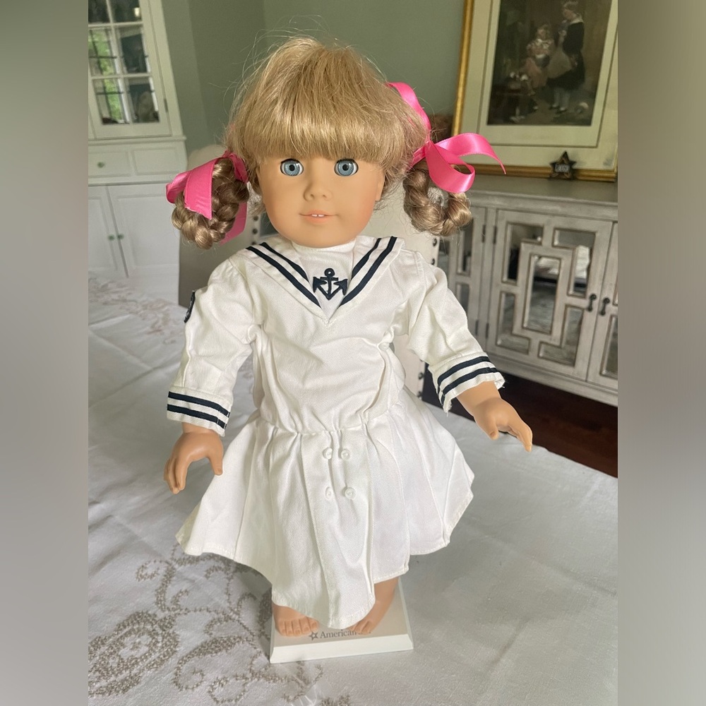 American Girl Blonde Doll with White Sailor Dress and Pink Hair Ribbons